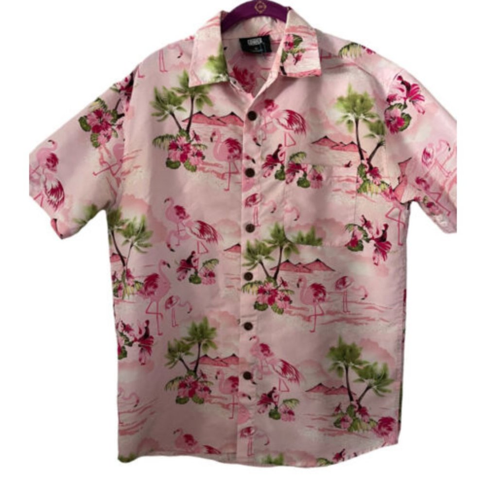 Lowes Men Pink Short Sleeve Camp Flamingo Hawaiian Button Down Shirt Size Small